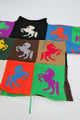 Angle back view of one-of-a-kind patchwork horse knit sweater