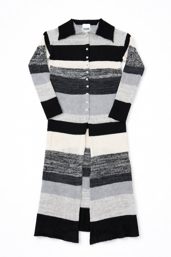Hand-loomed striped duster cardigan by Suss Knits in recycled cotton with neutral variegated stripes and button front