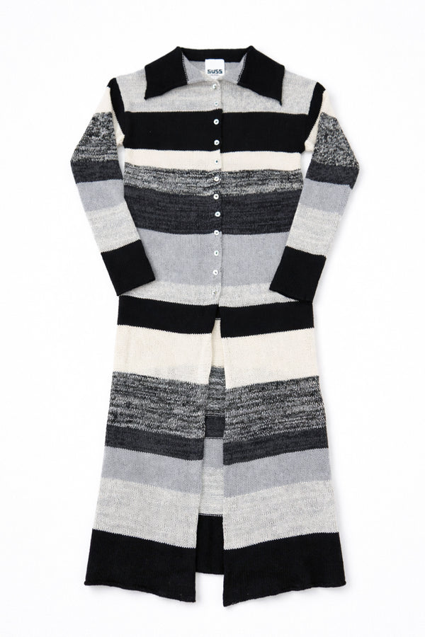 Hand-loomed striped duster cardigan by Suss Knits in recycled cotton with neutral variegated stripes and button front