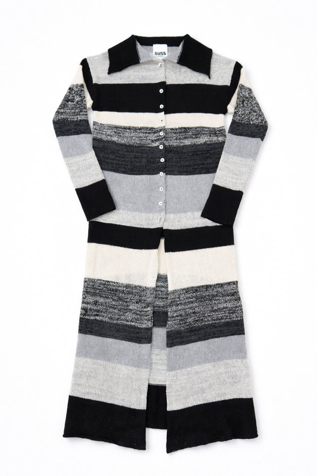 Hand-loomed striped duster cardigan by Suss Knits in recycled cotton with neutral variegated stripes and button front