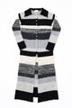 Hand-loomed striped duster cardigan by Suss Knits in recycled cotton with neutral variegated stripes and button front