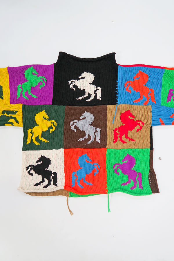Back view of one-of-a-kind patchwork horse knit sweater