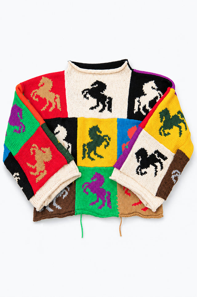 Handloom patchwork horse sweater in multicolor knit with raw edges and relaxed fit