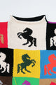 Close-up of mini mock neck on handmade patchwork knit sweater