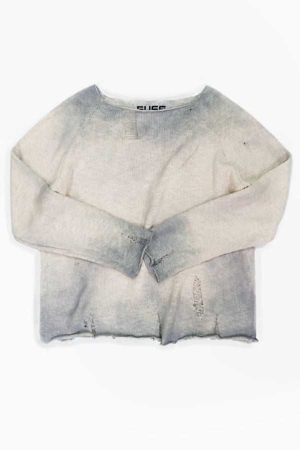Suss Knits flatlay front photo of the distressed recreation of the Matrix sweater in 100% cotton with dye and tattering details, knit in los angeles.