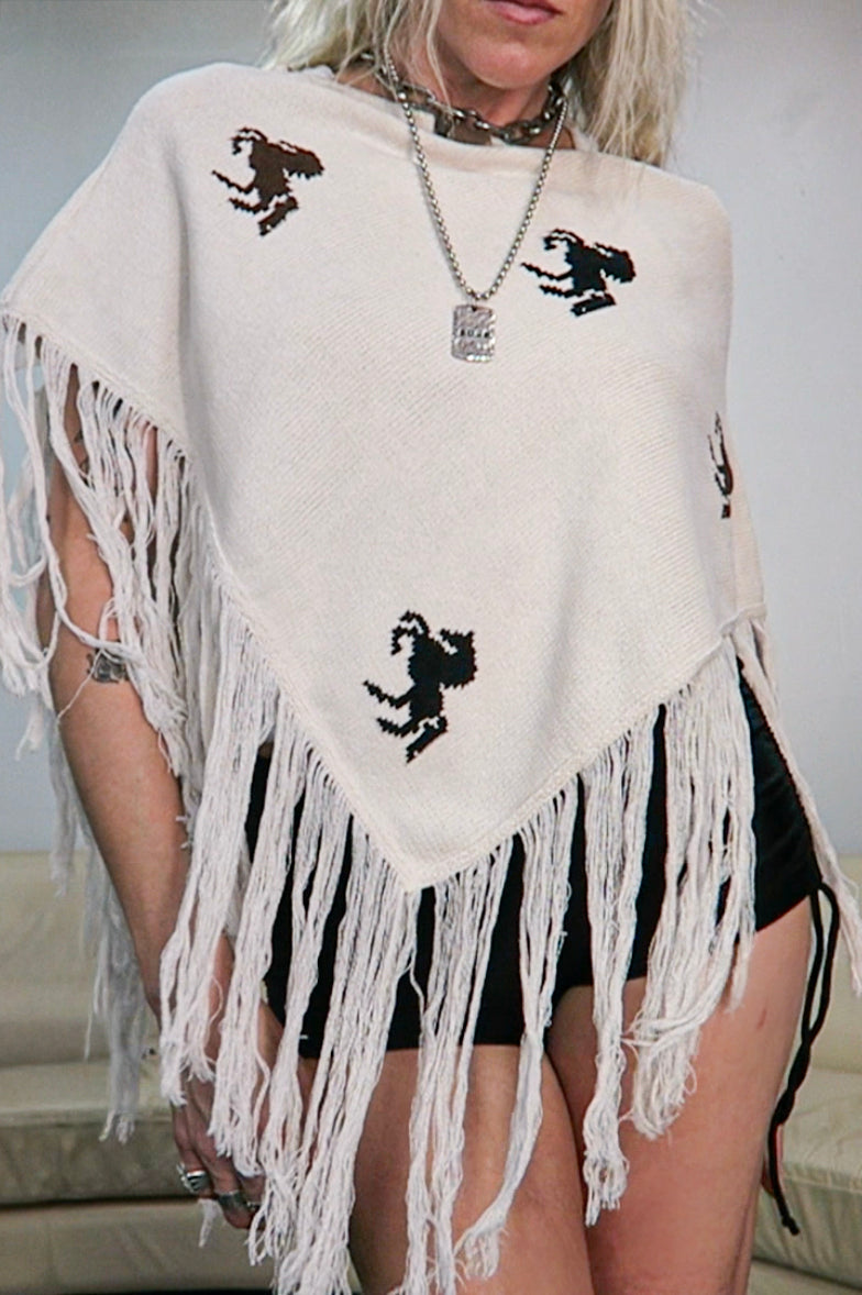 Horse Motif Fringe Knit Poncho - Cream