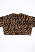 Back view of leopard knit cardigan in tweedy cotton knit
