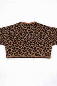 Back view of leopard knit cardigan in tweedy cotton knit