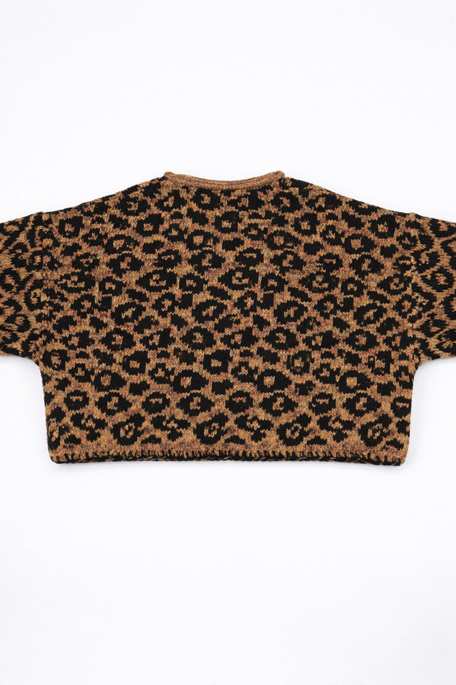 Back view of leopard knit cardigan in tweedy cotton knit