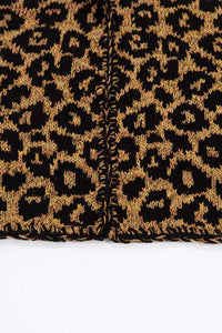 Crochet edge detail on leopard knit cardigan with textured yarn finish