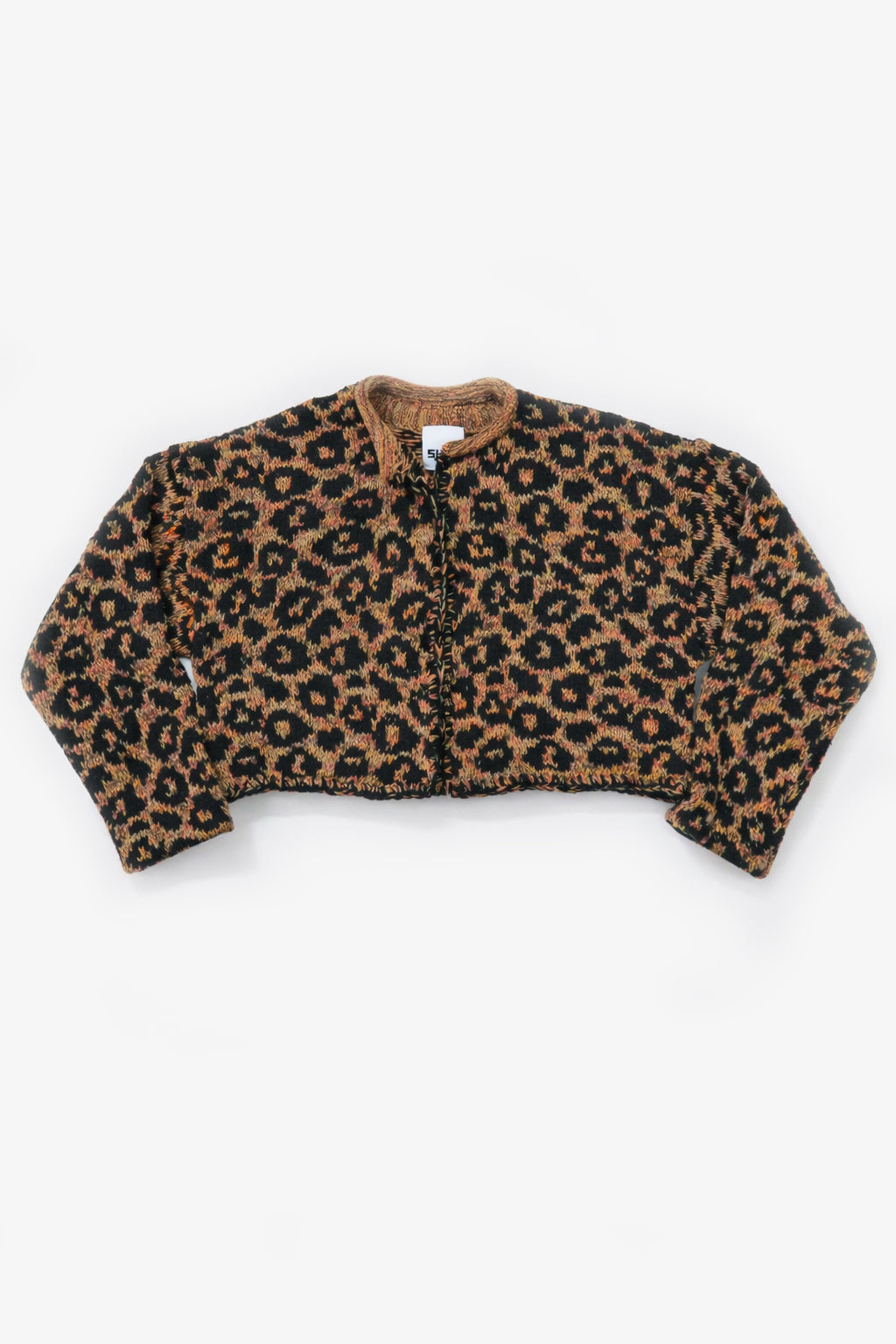 Leopard knit cardigan in tweedy cotton with black spots, handmade in Los Angeles