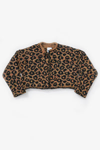 Leopard knit cardigan in tweedy cotton with black spots, handmade in Los Angeles