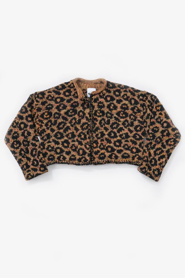 Leopard knit cardigan in tweedy cotton with black spots, handmade in Los Angeles