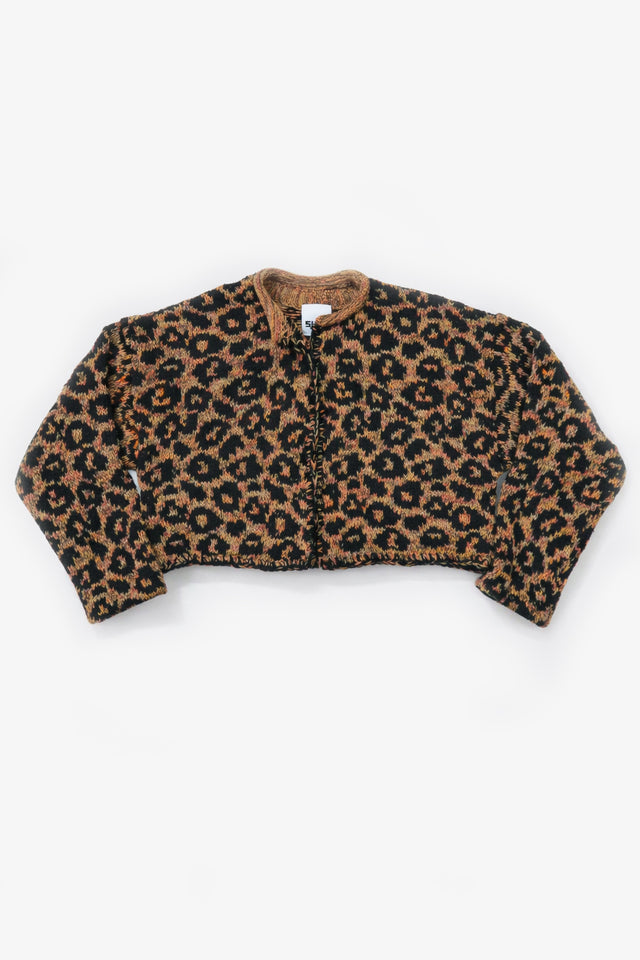 Leopard knit cardigan in tweedy cotton with black spots, handmade in Los Angeles