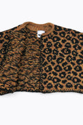 Close-up of leopard knit cardigan neckline with open front showing interior texture