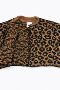 Close-up of leopard knit cardigan neckline with open front showing interior texture