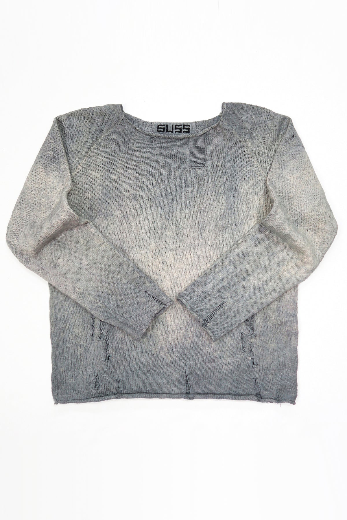 Suss Knits Archive Finish Raglan cotton sweater front flat lay with hand-dyed and distressed finish matrix inspired