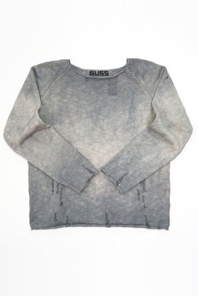 Suss Knits Archive Finish Raglan cotton sweater front flat lay with hand-dyed and distressed finish matrix inspired