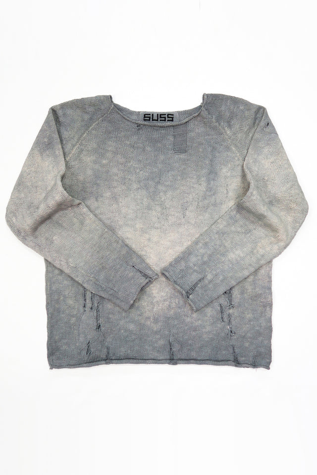 Suss Knits Archive Finish Raglan cotton sweater front flat lay with hand-dyed and distressed finish matrix inspired