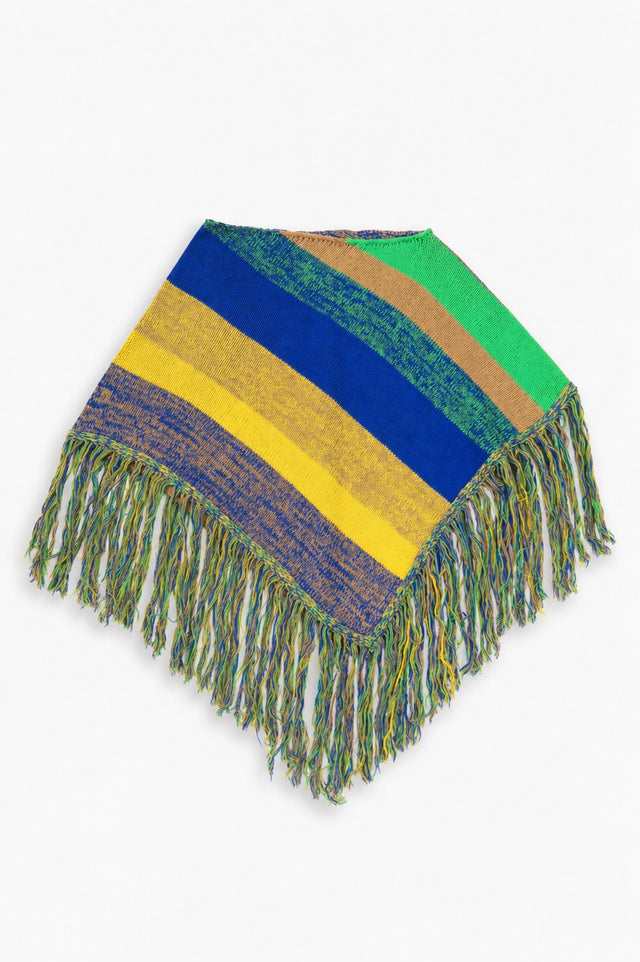 Multicolor striped hand loomed poncho with fringe in recycled cotton by Suss Knits