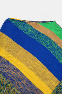 Close-up of hand loomed knit texture with blue green and yellow stripes in recycled cotton poncho