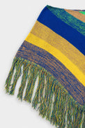 Left side view of striped hand loomed poncho with fringe detail in recycled cotton