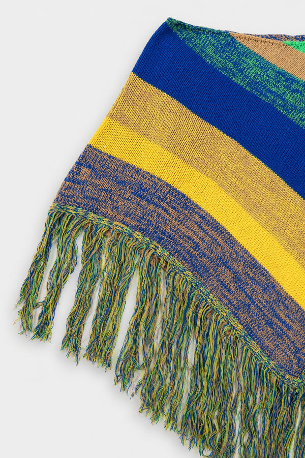 Left side view of striped hand loomed poncho with fringe detail in recycled cotton