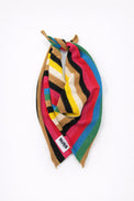 Multistripe knit scarf styled and tied, soft cotton blend accessory by Suss Knits