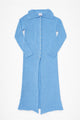 Light denim blue recycled cotton knit duster cardigan with shell buttons, full length flat lay