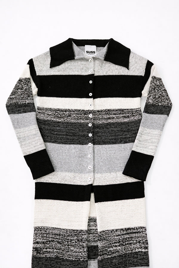 Detailed view of textured knit in recycled cotton showing variegated stripe pattern on Suss Knits duster