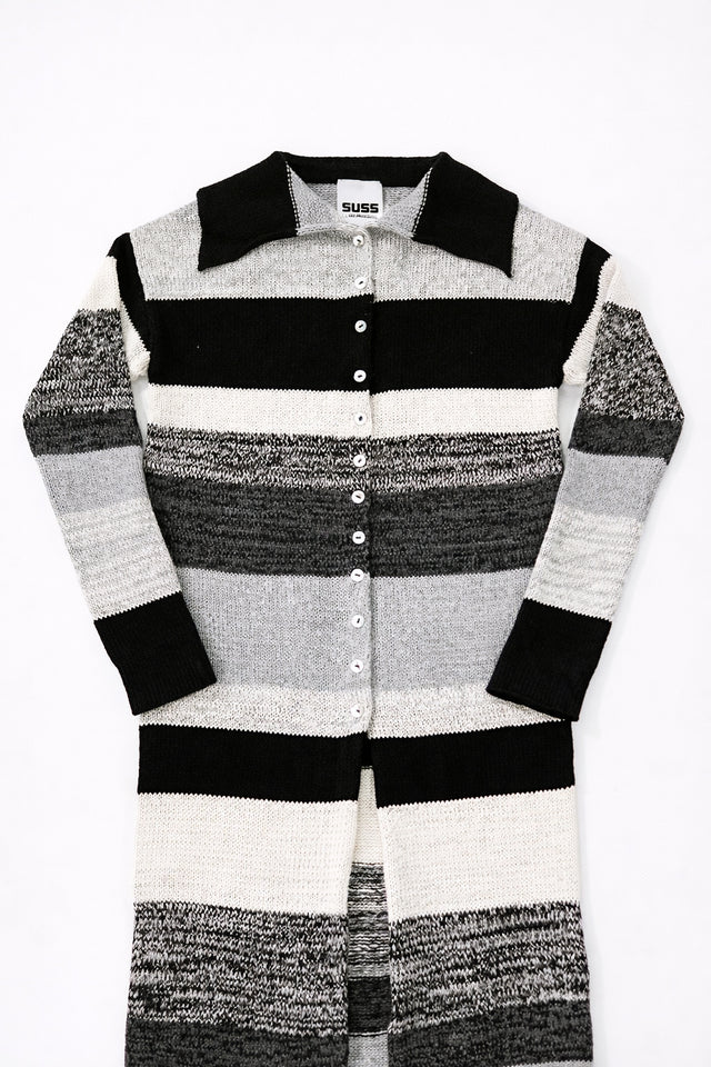Detailed view of textured knit in recycled cotton showing variegated stripe pattern on Suss Knits duster