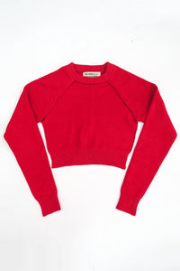 The Suss knits bright Red Open Raglan Knit Top in recycled cotton and lycra, front flat lay, knit in Los Angeles.
