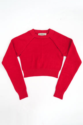 The Suss knits bright Red Open Raglan Knit Top in recycled cotton and lycra, front flat lay, knit in Los Angeles.