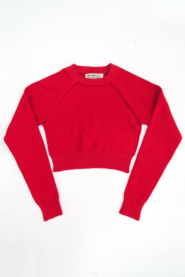 The Suss knits bright Red Open Raglan Knit Top in recycled cotton and lycra, front flat lay, knit in Los Angeles.