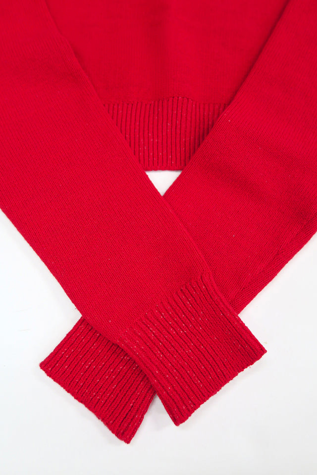 The Suss Knits bright Red Open Raglan Knit Top ribbed cuff detail in cotton and lycra knit, hand loomed in Los Angeles