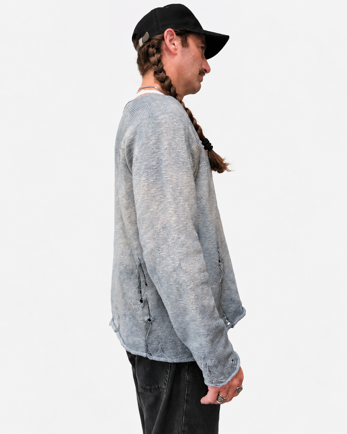 Archive Finish Raglan cotton sweater side view showing relaxed oversized fit and sleeve length with distressing and grey hand dye