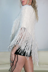 Fuzzy Fringe Knit Poncho - Cream