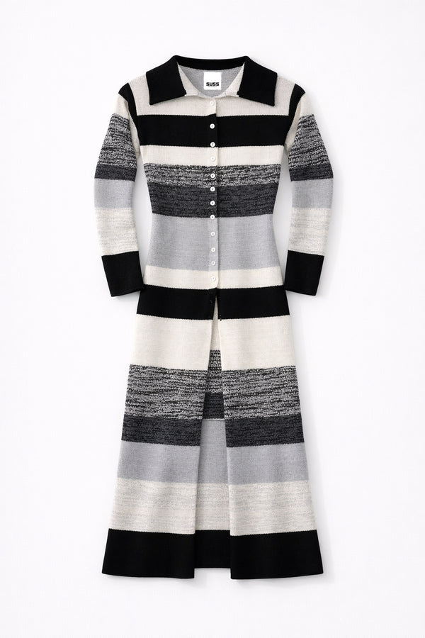 Front view of striped duster cardigan with dimension and long sleeves, neutral stripe pattern on clean background