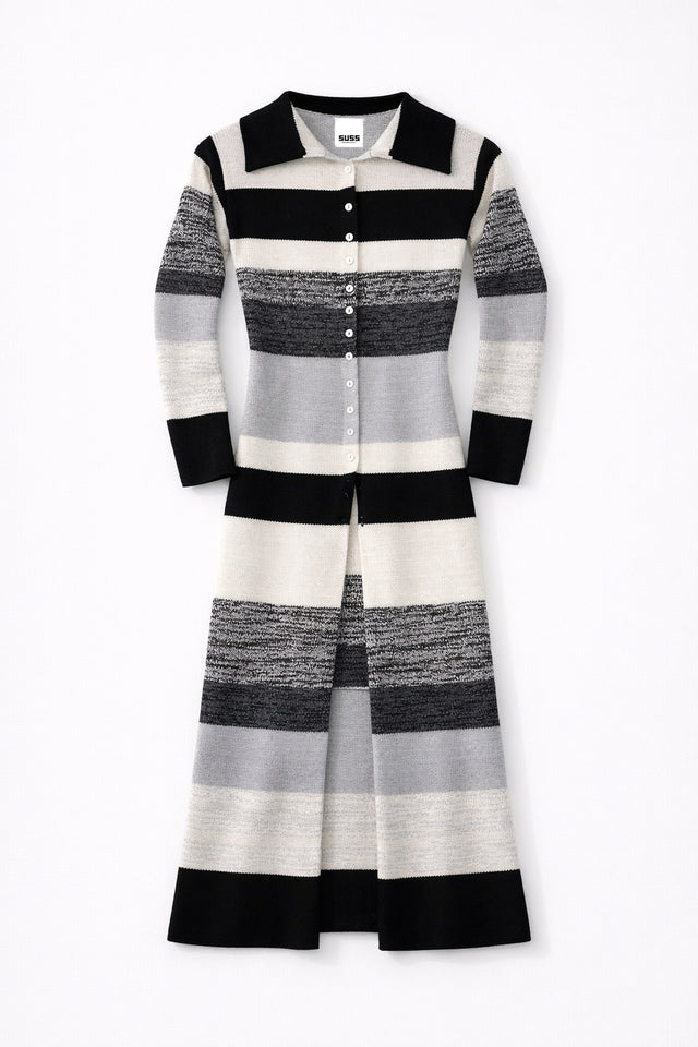 Front view of striped duster cardigan with dimension and long sleeves, neutral stripe pattern on clean background