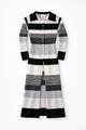 Front view of striped duster cardigan with dimension and long sleeves, neutral stripe pattern on clean background