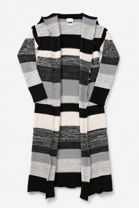 Front view of striped duster cardigan with long sleeves and neutral stripe pattern on clean background open front