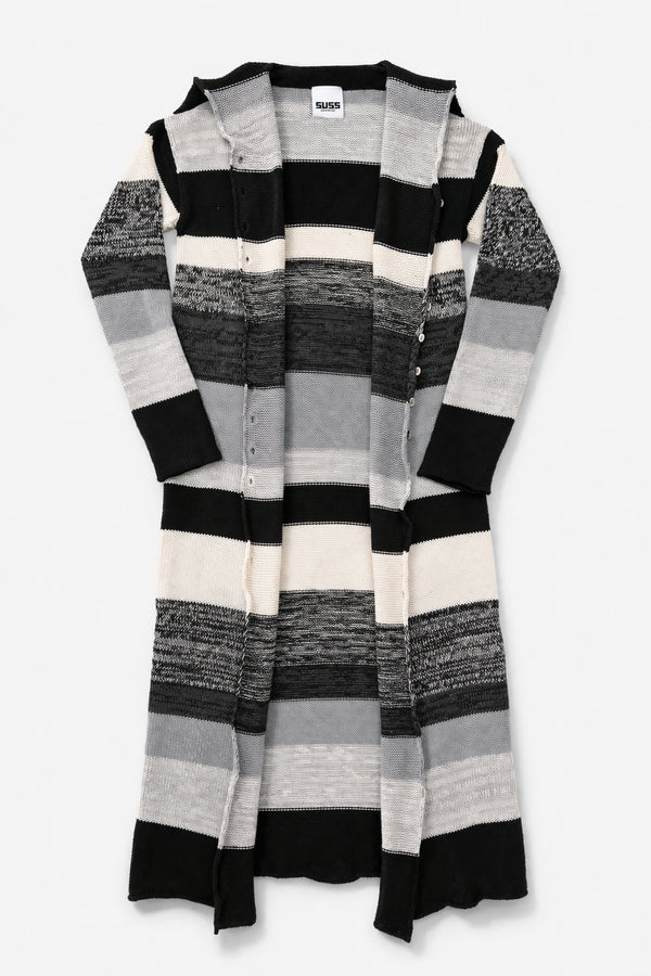 Front view of striped duster cardigan with long sleeves and neutral stripe pattern on clean background open front