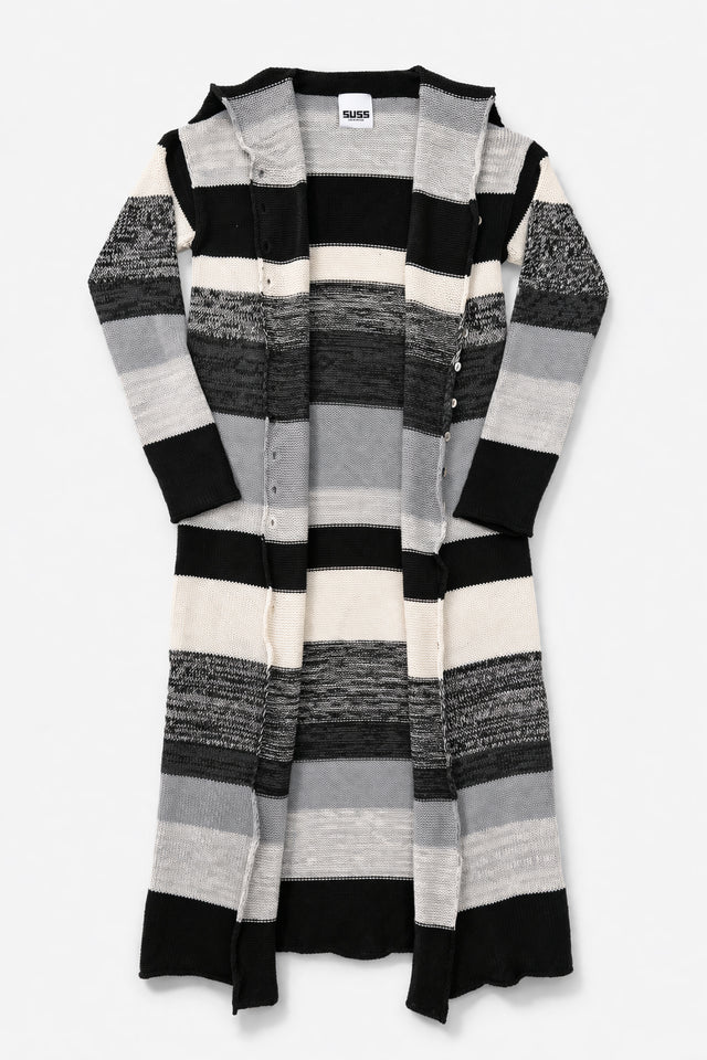 Front view of striped duster cardigan with long sleeves and neutral stripe pattern on clean background open front