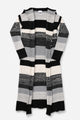 Front view of striped duster cardigan with long sleeves and neutral stripe pattern on clean background open front