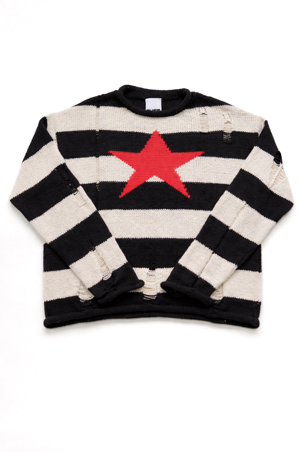 Black and cream striped distressed sweater with red star by Suss Knits