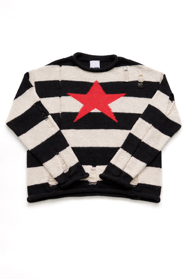 Black and cream striped distressed sweater with red star by Suss Knits