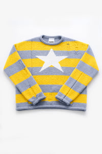 Striped Star Distressed Knit Sweater – Yellow & Grey