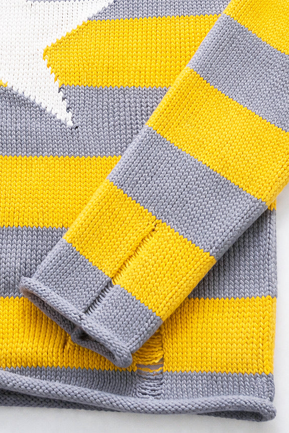 Striped Star Distressed Knit Sweater – Yellow & Grey