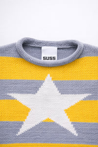 Striped Star Distressed Knit Sweater – Yellow & Grey
