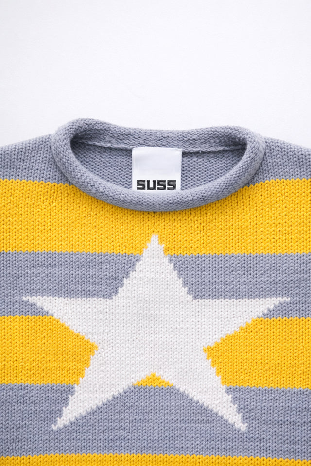 Striped Star Distressed Knit Sweater – Yellow & Grey